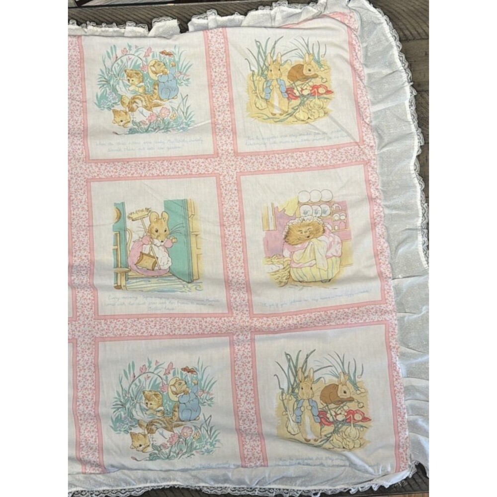 Vtg Peter Rabbit Baby Crib Blanket FREDERICK WARNE quilt pink COTTON panel B Pot - Picture 2 of 9